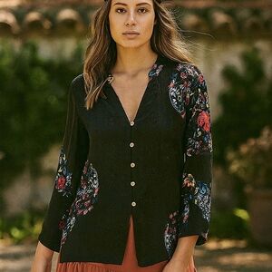 Citron Blouse Black Silk Blend Floral Print Asian Artsy Boho Embroidered Size M